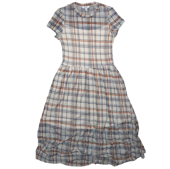 AUW Dresses & Skirts - AUW sheer lined cream and rust plaid fit and flare midi dress